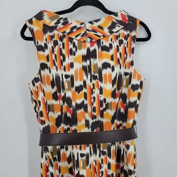 Vintage 90s Sleeveless Boatneck Sheath Dress 10 Orange Brown Abstract Mod USA - Picture 8 of 13